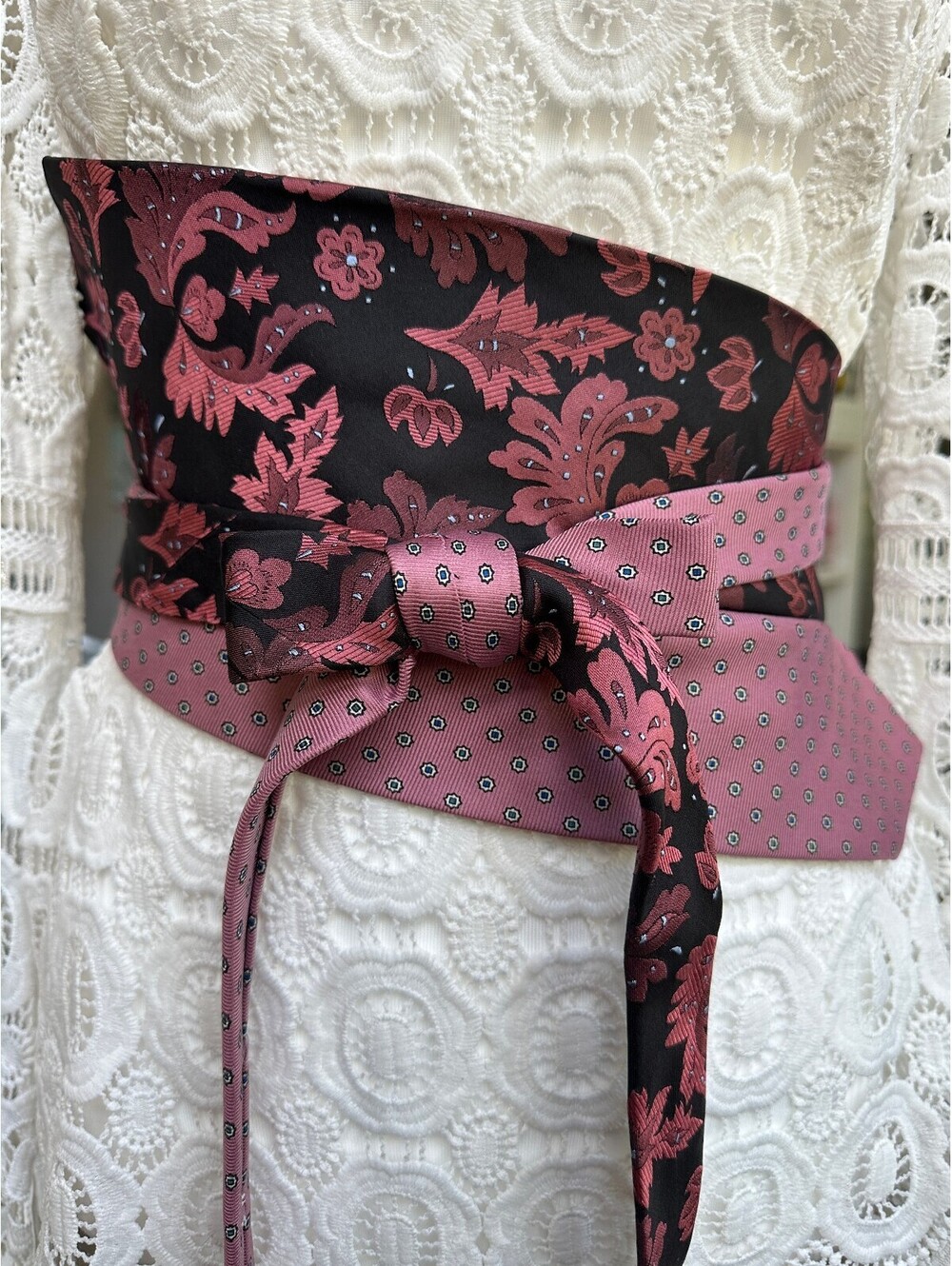 Upcycled Silk Obi Wrap Belt | Corset Waist Belt | OOAK | Pink Floral Polka Dots